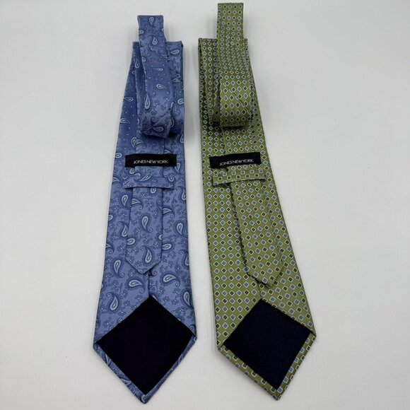 Jones New York 100% Silk Two Tie Bundle Blue Paisley & Green Geometric Design - Picture 2 of 4